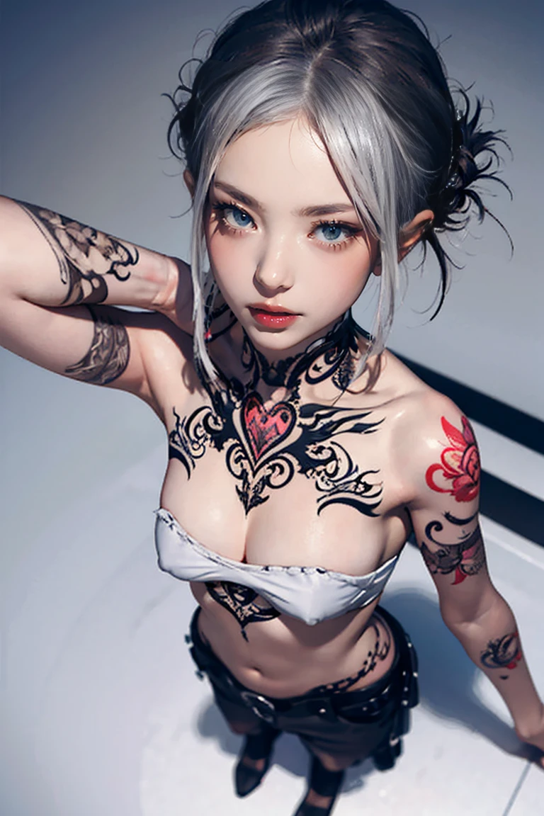 masterpiece, Highest quality, Very detailed, shape,(1 female),Beautiful attention to detail, View your viewers, close, (breast focus), (From above:1.1), Huge breasts, black tattoo, tattoo, chest tattoo, arm tattoo, rib tattoo, breast tattoo, cleavage tattoo, neck tattoo, shoulder tattoo, huge tattoo,(Small and beautiful nipples),(Gray Hair)