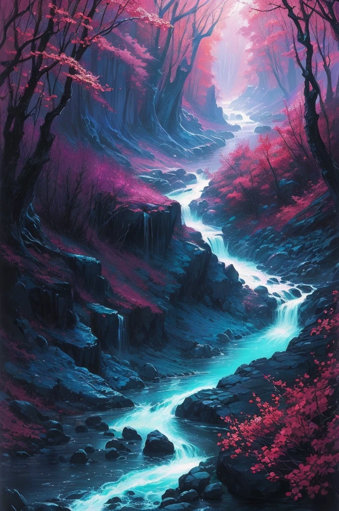 a river of dreams flowing in the cradle of the universe, dreamy setting, intense deep colors, radiant lights, detailed painting