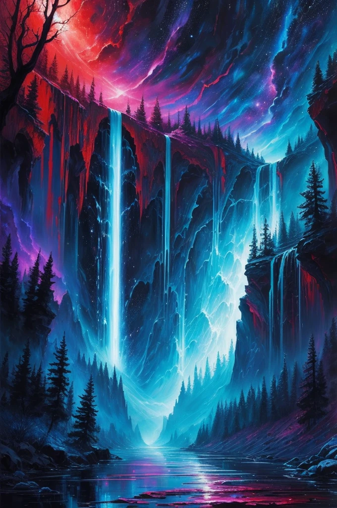 a river of dreams flowing in the cradle of the universe, dreamy setting, intense deep colors, radiant lights, detailed painting