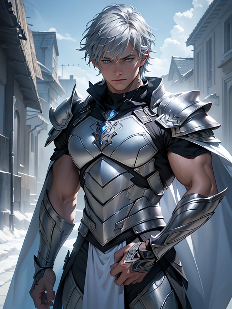 a highly detailed and realistic portrait of a young boy with short silver-gray hair, striking blue eyes, wearing a white armor suit and a cape, with muscular physique, surrounded by clouds and scales, (best quality,4k,8k,highres,masterpiece:1.2),ultra-detailed,(realistic,photorealistic,photo-realistic:1.37),hyperrealistic,studio lighting,extremely detailed face and eyes,extremely detailed skin,intricate details,award-winning photography,dramatic lighting,cinematic composition,volumetric lighting,depth of field,3d render,unreal engine,highly detailed armor,flowing cape,muscular physique,short silver-gray hair,piercing blue eyes,dramatic clouds,intricate scales, full body
