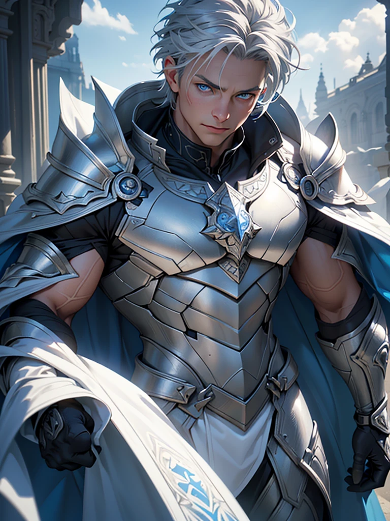 a highly detailed and realistic portrait of a young boy with short silver-gray hair, striking blue eyes, wearing a white armor suit and a cape, with muscular physique, surrounded by clouds and scales, (best quality,4k,8k,highres,masterpiece:1.2),ultra-detailed,(realistic,photorealistic,photo-realistic:1.37),hyperrealistic,studio lighting,extremely detailed face and eyes,extremely detailed skin,intricate details,award-winning photography,dramatic lighting,cinematic composition,volumetric lighting,depth of field,3d render,unreal engine,highly detailed armor,flowing cape,muscular physique,short silver-gray hair,piercing blue eyes,dramatic clouds,intricate scales, full body
