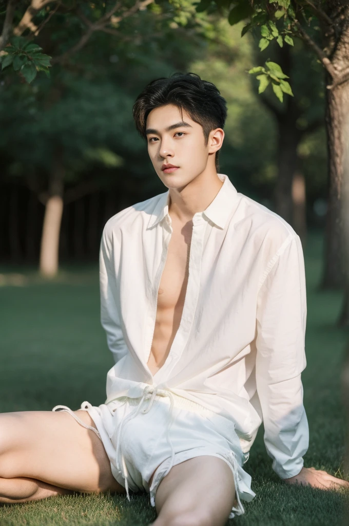 Asian muscular boy sitting on grass, sexy, Dark eyebrows, white shirt, wearing white thong high cut underwaer, white high cut Jockstrap, muscular young male, mid shot portrait, high quality portrait, Attractive pose, cute young man, gorgeous young model, portrait a 25 - year - old boy, casual photography, Realistic. Cheng Yi, cute young man, ((wearing micro string thong))