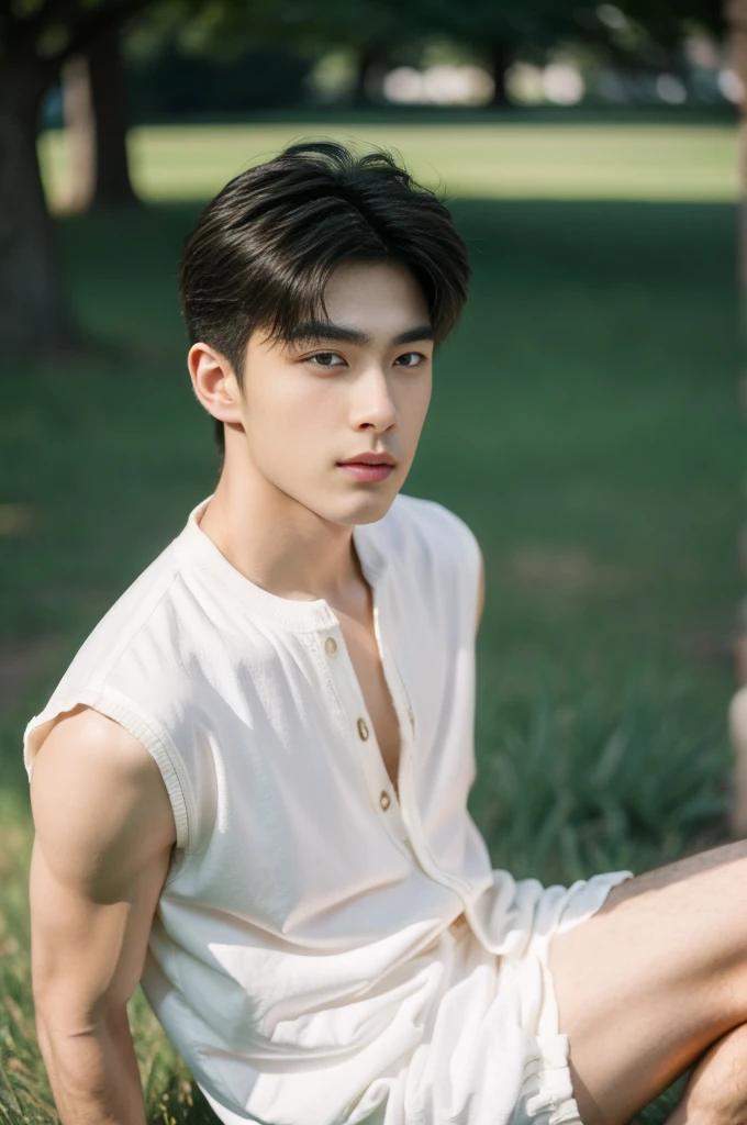 Asian muscular boy sitting on grass, sexy, Dark eyebrows, white shirt, wearing white thong high cut underwaer, white high cut Jockstrap, muscular young male, mid shot portrait, high quality portrait, Attractive pose, cute young man, gorgeous young model, portrait a 25 - year - old boy, casual photography, Realistic. Cheng Yi, cute young man, ((wearing micro string thong))