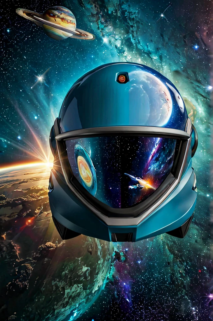 Shark swimming among colorful planets and stars. Detailed spacesuit with transparent helmet, inside which you can see the shark's head. Bright gas giants and rocky planets in the background. Nebulae and star clusters illuminate the scene. Realistic style with science fiction elements.