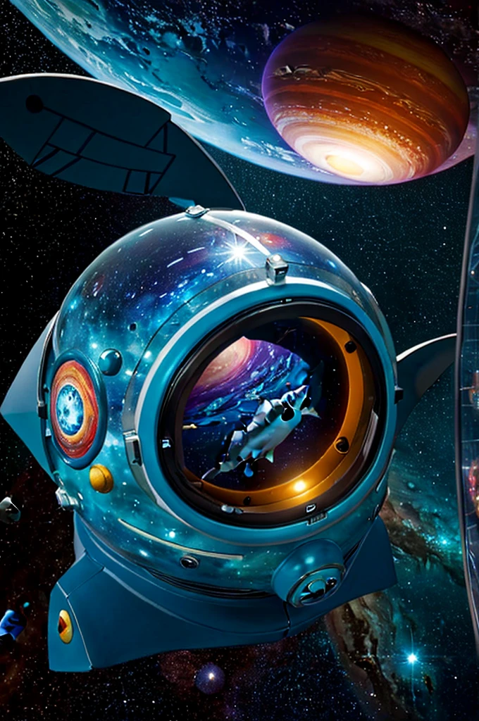 Shark swimming among colorful planets and stars. Detailed spacesuit with transparent helmet, inside which you can see the shark's head. Bright gas giants and rocky planets in the background. Nebulae and star clusters illuminate the scene. Realistic style with science fiction elements.