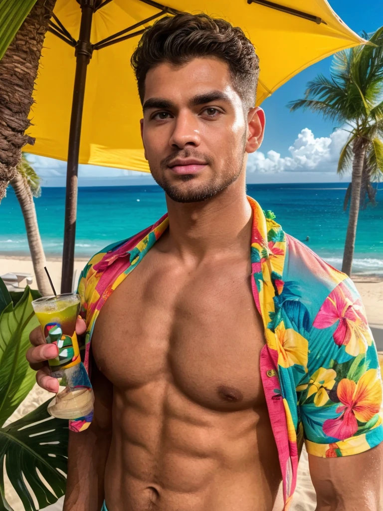 (best quality,4k,8k,highres,masterpiece:1.2),ultra-detailed,(realistic,photorealistic,photo-realistic:1.37),extremely detailed face and body, muscular shirtless man with tanned skin, handsome, chiseled jawline, piercing eyes, thick eyebrows, 5 o'clock shadow, short wavy dark hair, Hawaiian shirt, holding tropical cocktail, at lively Hawaiian themed party, colorful decorations, palm trees, beach in background, warm lighting, vibrant colors