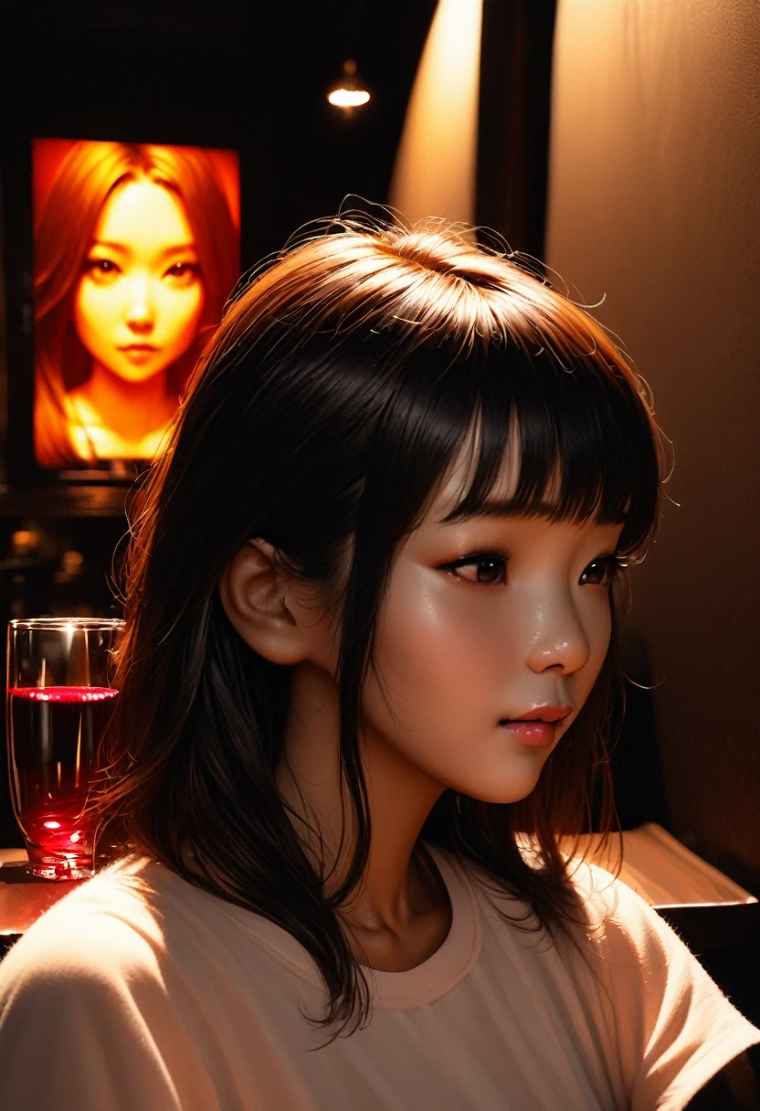 (best quality,high resolution,masterpiece:1.2),Extremely detailed,(Practical,Reality,Photo-realistic:1.37),Profile face of sad Asian woman sitting in a dim cafe at night,holding a glass of red wine,Dark room,(Backlit portrait:1.5),Darkroom Portraits,Close-up of woman with hair,Darkroom scene,The trait of a mysterious woman,outlined silhouettes,Backlit hair,Girl with glowing lens flare,High contrast portrait,dramatic backlight,Light shines on the face,Mysterious portrait,Silhouette of a woman,飘逸的Backlit hair