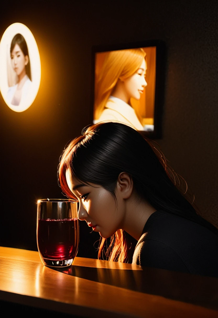 (best quality,high resolution,masterpiece:1.2),Extremely detailed,(Practical,Reality,Photo-realistic:1.37),Profile face of sad Asian woman sitting in a dim cafe at night，holding a glass of red wine，Dark room，(Backlit portrait:1.5),Darkroom Portraits,Close-up of woman with hair,Darkroom scene,The trait of a mysterious woman,outlined silhouettes,Backlit hair,Girl with glowing lens flare,High contrast portrait,dramatic backlight,Light shines on the face,Mysterious portrait,Silhouette of a woman,飘逸的Backlit hair