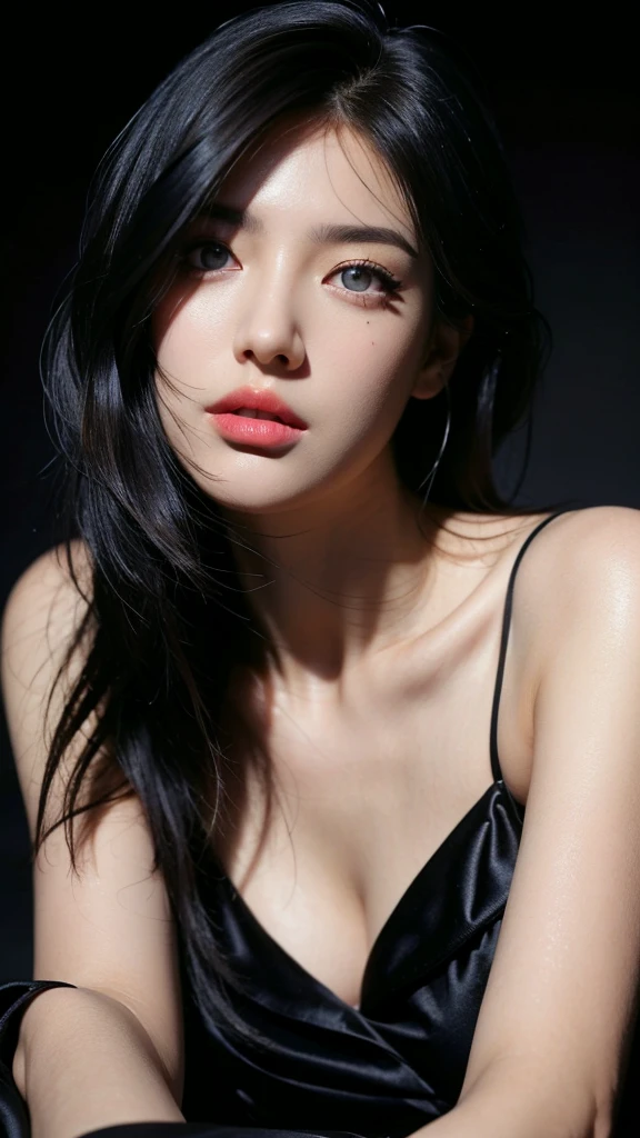 masterpiece, best quality, Extremely detailed,  extremely detailed extremely detailed, Practical, Distinctive features, Very detailed, Clear focus, Perfect face, Perfect face, Perfect symmetry perfect eyes, Perfectly plump lips, Flexible female form, Movie, lamp, Ultra Detailed, hyper Practical, masterpiece, atmosphere, high resolution, energetic, Dynamic studio lamp light, National Foundation, ((Dark background)), Sexy face, Facial expressions when you are happy, Straight bangs, Large Breasts, Cleavage exposed, blue eyes,Black Sweater, ((Cowboy shooting, mole under eyes,)),Half-length photo,Complete,