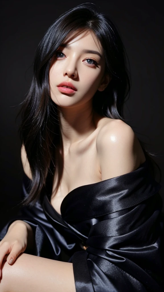 masterpiece, best quality, Extremely detailed, extremely detailed extremely detailed, Practical, Distinctive features, Very detailed, Clear focus, Perfect face, Perfect face, Perfect symmetry perfect eyes, Perfectly plump lips, Flexible female form, Movie, lamp, Ultra Detailed, hyper Practical, masterpiece, atmosphere, high resolution, energetic, Dynamic studio lamp light, National Foundation, ((Dark background)), Sexy face, Facial expressions when you are happy, Straight bangs, Large Breasts, Cleavage exposed, blue eyes,Black Sweater, ((Cowboy shooting, mole under eyes,)),Half-length photo,Complete,