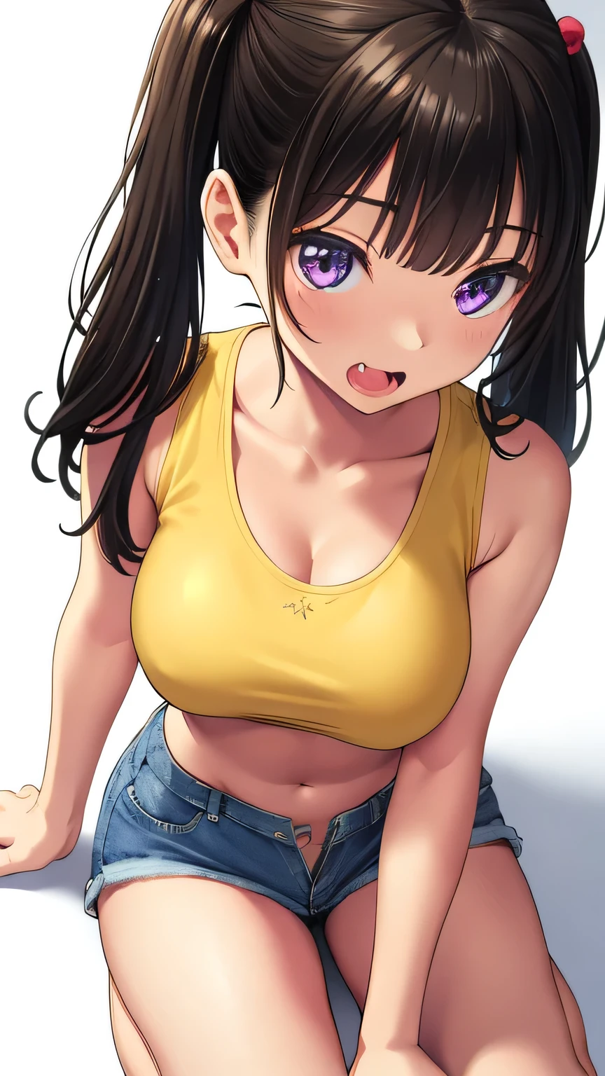 Very detailed CG Unity 8K 壁紙),(masterpiece), (Highest quality), (Very detailed), (Best illustrations),(Best Shadow)、1girl all_fours ass ass_focus bare_shoulders black_hair blue_shorts borrowed_character breasts cleavage crop_top crop_top_overhang denim denim_shorts fang flat_ass gaki_kyonyuu hanging_breasts large_breasts long_hair looking_at_viewer micro_shorts midriff navel open_mouth oppai_loli original panties_Under_shorts purple_eyes sasaki_kanna_(Code) shirt shorts simple_background sleeveless sleeveless_shirt solo stomach sunaba_suzume thighs twintails Underboob upshirt view_between_legs white_background yellow_shirt