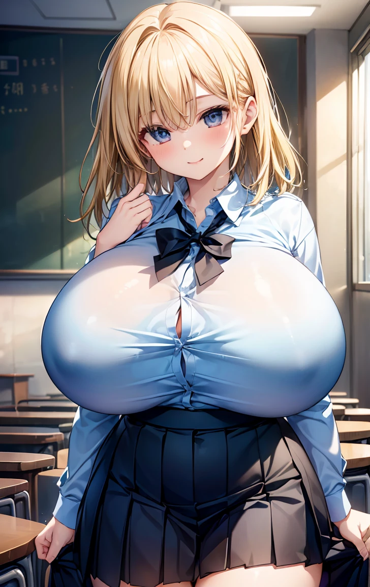 masterpiece,Highest quality,(Super detailed),Perfect lighting, Extremely detailed CG,Very detailed,(Very detailed目,Very cute face,Very detailed顔:1.3),Beautiful Anime Girls,(Solo Girl),(Super huge boobs:1.2),(Sensual,glamorous:1.4),(blonde,Medium Hair,Twin Blade,Let your hair hang forward:1.2),(Big bright blue eyes),(Very happy smile,Please open your mouth wide),break,(Realistic shirt、Pleated skirt:1.5),Collared shirt,White shirt,Pleated skirt,School classroom,Aligned desks,Curtains swaying in the wind,blackboard,(Proud Breasts),(Plump Body),(Skirt too short:1.5)