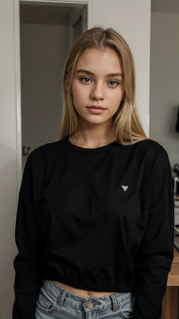 young blonde Brazilian woman, 19 years old, wearing black clothes, front photo