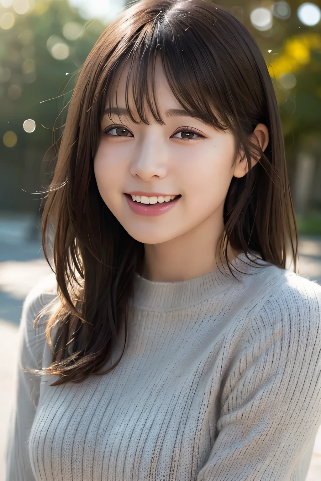 Highest quality、masterpiece、Ultra-high resolution、(Realistic:1.4)、RAW Photos、girl, Wear a cozy sweater, Upper body, (Laughter:1.1), (Open your mouth:1.1), (Eyes Wide Open:1.2), Sunlight glare, Bokeh, Written boundary depth, Blurred Background, Particles of light, Strong winds, (Heart Particles:1.1)