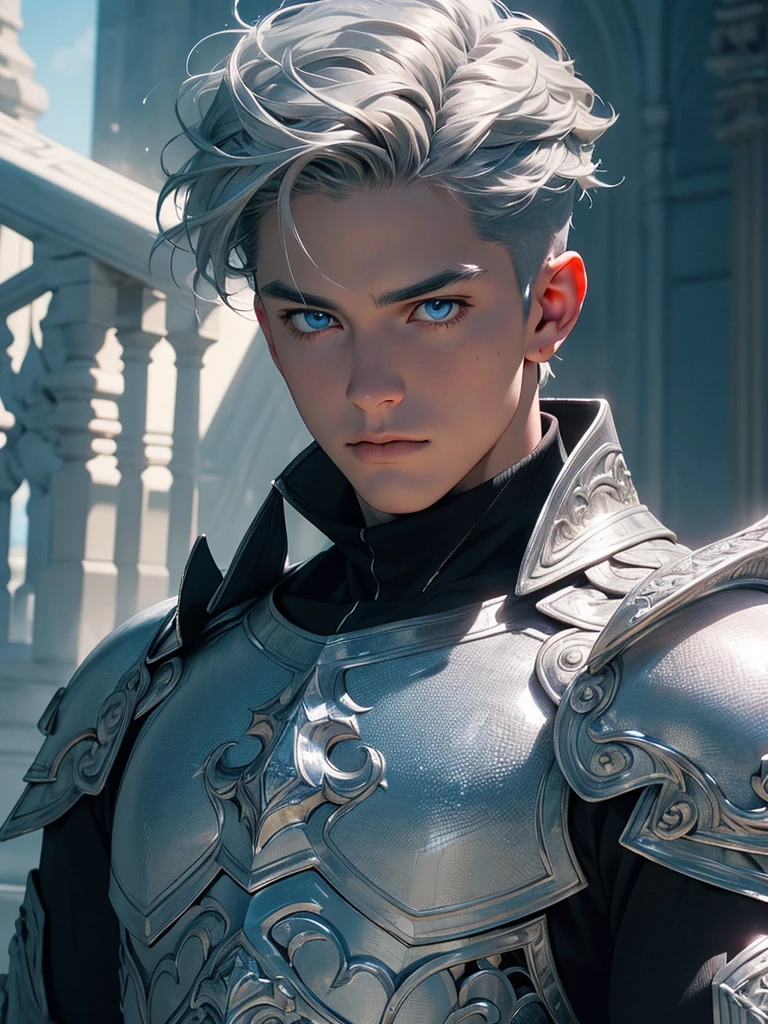 a highly detailed and realistic portrait of a young boy with short silver-gray hair, striking blue eyes, wearing a white armor suit and a cape, with muscular physique, surrounded by clouds and scales, (best quality,4k,8k,highres,masterpiece:1.2),ultra-detailed,(realistic,photorealistic,photo-realistic:1.37),hyperrealistic,studio lighting,extremely detailed face and eyes,extremely detailed skin,intricate details,award-winning photography,dramatic lighting,cinematic composition,volumetric lighting,depth of field,3d render,unreal engine,highly detailed armor,flowing cape,muscular physique,short silver-gray hair,piercing blue eyes,dramatic clouds,intricate scales, full body
