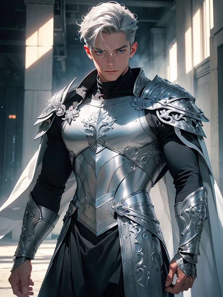 a highly detailed and realistic portrait of a young boy with short silver-gray hair, striking blue eyes, wearing a white armor suit and a cape, with muscular physique, surrounded by clouds and scales, (best quality,4k,8k,highres,masterpiece:1.2),ultra-detailed,(realistic,photorealistic,photo-realistic:1.37),hyperrealistic,studio lighting,extremely detailed face and eyes,extremely detailed skin,intricate details,award-winning photography,dramatic lighting,cinematic composition,volumetric lighting,depth of field,3d render,unreal engine,highly detailed armor,flowing cape,muscular physique,short silver-gray hair,piercing blue eyes,dramatic clouds,intricate scales, full body