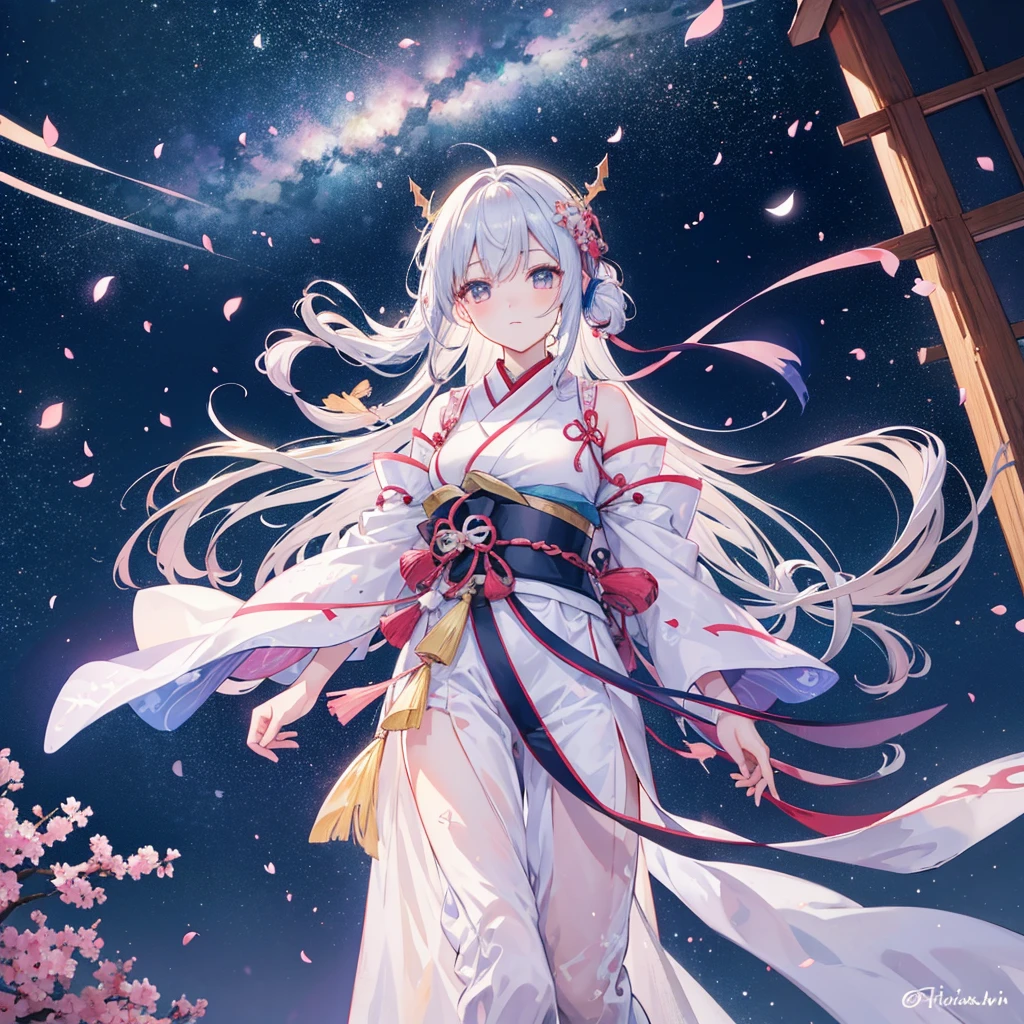 "Enchanting night scene of Tanabata festival, blending traditional Japanese elements with magical starry sky. 8K resolution.
Central focus:
The Milky Way stretching across the night sky, forming a shimmering bridge
Orihime and Hikoboshi, represented as ethereal figures made of stardust, reaching out to each other across the celestial river
A traditional Japanese temple or pagoda silhouetted against the starry backdrop
Detailed elements:
Colorful tanzaku (wish papers) fluttering from bamboo branches, some transforming into glowing fireflies
Origami cranes taking flight, leaving trails of stardust as they soar towards the Milky Way
Delicate star-shaped lanterns floating in the air, casting a soft, warm glow
Cherry blossom petals drifting on a gentle breeze, occasionally sparkling like tiny stars
Environment:
A tranquil pond reflecting the starry sky, creating a mirror image of the celestial scene
Traditional Japanese garden elements like stone lanterns and a red bridge, partially illuminated by moonlight
Distant mountains shrouded in misty clouds, their peaks touching the star-filled sky
Lighting and effects:
Soft, ethereal starlight bathing the scene in a cool, silvery glow
Warm, golden light from lanterns creating a contrast with the cooler starlight
Subtle lens flares from the brightest stars and the moon
Gentle light refraction in the atmosphere, creating a dreamy haze
Style:
Blend of realistic night sky rendering with stylized Japanese artistic elements
Rich, deep colors for the night sky contrasted with softer, pastel tones for earthly elements
Attention to fine details in both celestial and terrestrial features
Composition:
Balanced layout with the Milky Way as a central dividing line
Multiple layers of depth from foreground elements to the vast starry background
This prompt aims to capture the magical essence of Tanabata, combining the beauty of the night sky with traditional Japanese cultural elements. The resulting image should evoke a sense of wonder, roman
