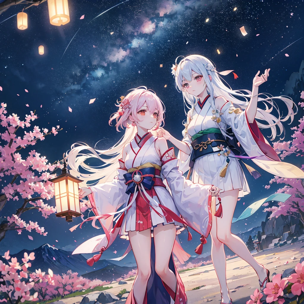 "Enchanting night scene of Tanabata festival, blending traditional Japanese elements with magical starry sky. 8K resolution.
Central focus:
The Milky Way stretching across the night sky, forming a shimmering bridge
Orihime and Hikoboshi, represented as ethereal figures made of stardust, reaching out to each other across the celestial river
A traditional Japanese temple or pagoda silhouetted against the starry backdrop
Detailed elements:
Colorful tanzaku (wish papers) fluttering from bamboo branches, some transforming into glowing fireflies
Origami cranes taking flight, leaving trails of stardust as they soar towards the Milky Way
Delicate star-shaped lanterns floating in the air, casting a soft, warm glow
Cherry blossom petals drifting on a gentle breeze, occasionally sparkling like tiny stars
Environment:
A tranquil pond reflecting the starry sky, creating a mirror image of the celestial scene
Traditional Japanese garden elements like stone lanterns and a red bridge, partially illuminated by moonlight
Distant mountains shrouded in misty clouds, their peaks touching the star-filled sky
Lighting and effects:
Soft, ethereal starlight bathing the scene in a cool, silvery glow
Warm, golden light from lanterns creating a contrast with the cooler starlight
Subtle lens flares from the brightest stars and the moon
Gentle light refraction in the atmosphere, creating a dreamy haze
Style:
Blend of realistic night sky rendering with stylized Japanese artistic elements
Rich, deep colors for the night sky contrasted with softer, pastel tones for earthly elements
Attention to fine details in both celestial and terrestrial features
Composition:
Balanced layout with the Milky Way as a central dividing line
Multiple layers of depth from foreground elements to the vast starry background
This prompt aims to capture the magical essence of Tanabata, combining the beauty of the night sky with traditional Japanese cultural elements. The resulting image should evoke a sense of wonder, roman