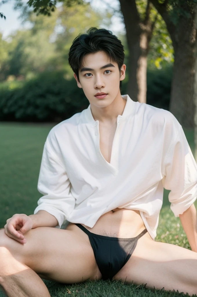 Asian muscular boy sitting on grass, sexy, Dark eyebrows, white shirt, wearing white thong high cut underwaer, white high cut Jockstrap, muscular young male, mid shot portrait, high quality portrait, Attractive pose, cute young man, gorgeous young model, portrait a 25 - year - old boy, casual photography, Realistic. Cheng Yi, cute young man, ((wearing micro string thong))