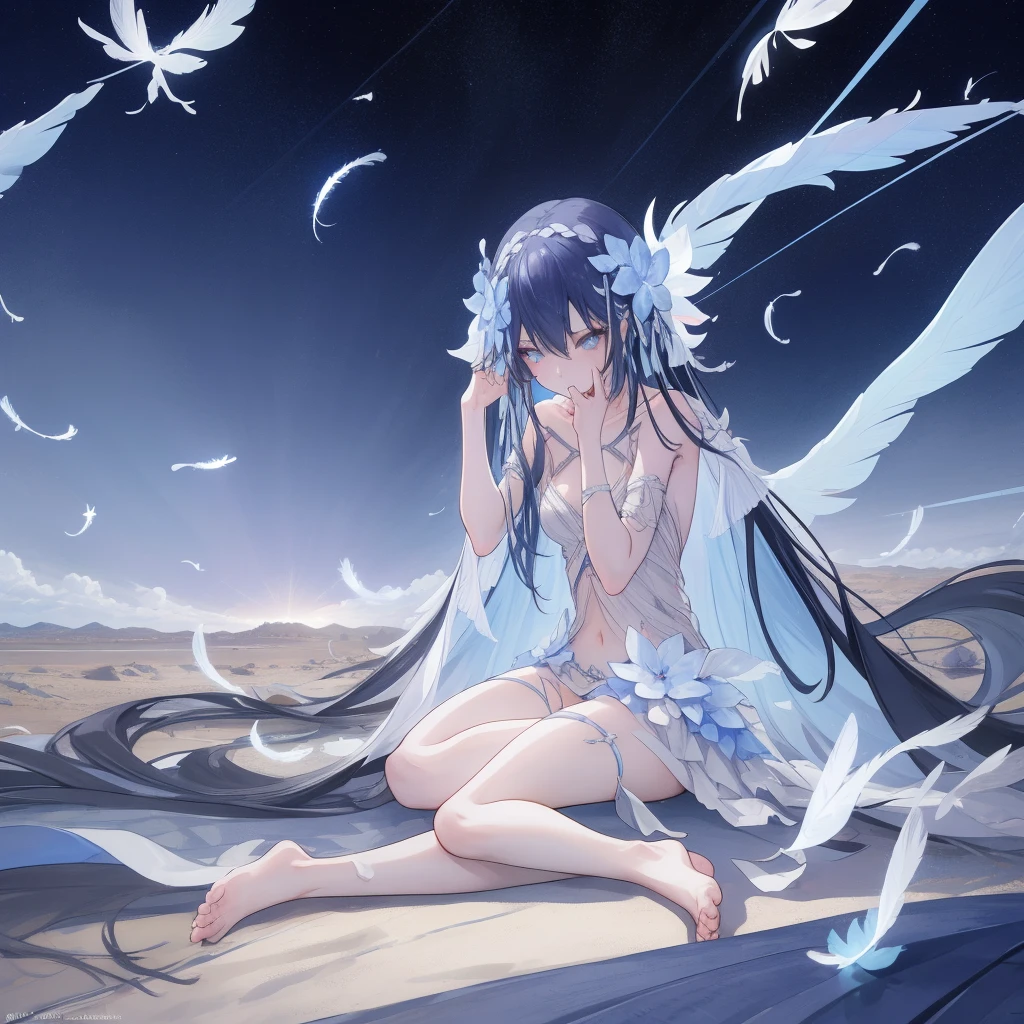 ((A very far view)) of a anime girl, (sitting in the desert), cinematic light, slim body with curves, skin perfectly white, soft, and smooth, Extremely delicate and beautiful CG illustration, best quality, high resolution, dynamic angle, full-length lens, (1 girl), soft light, high-key lighting), glowing light, blue aura, feathers fluttering background, blue crystal, black long hair, barefoot