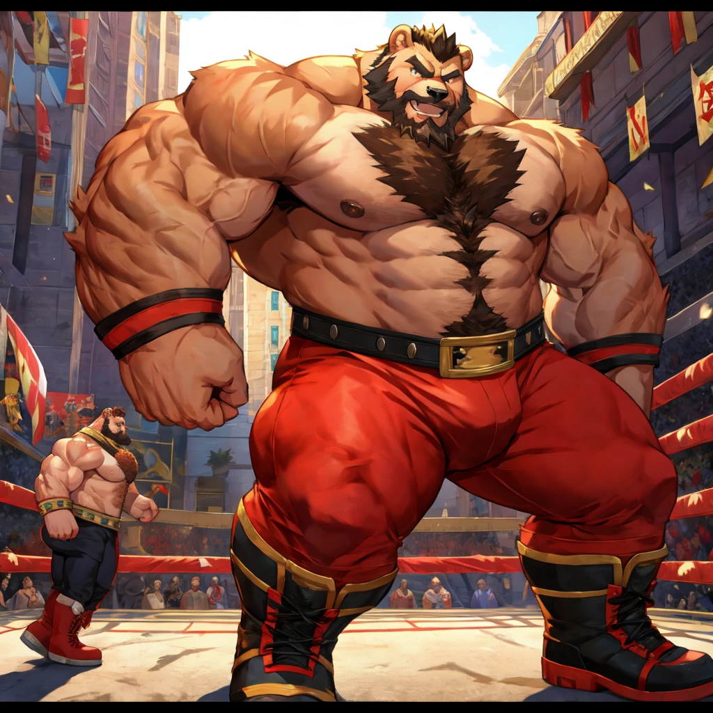 zangief,a bear with a beard and a golden belt, fighting game character, street fighter 5,muscled humanoid bear,heavy looking,buff bear,wrestler,Red short briefs,capcom,street fighter,shirtless,muscular male,chest hair,visually weighty,bearded bear, brown fur,mohawk hair,red and yellow wristband,Red Wrestling Boots ((best quality)), ((masterpiece)), (detailed), perfect face