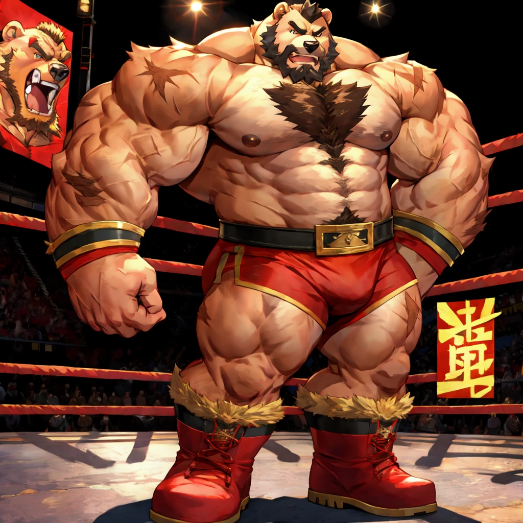 zangief,a bear with a beard and a golden belt, fighting game character, street fighter 5,muscled humanoid bear,heavy looking,buff bear,wrestler,Red short briefs,capcom,street fighter,shirtless,muscular male,chest hair,visually weighty,bearded bear, brown fur,mohawk hair,red and yellow wristband,Red Wrestling Boots ((best quality)), ((masterpiece)), (detailed), perfect face