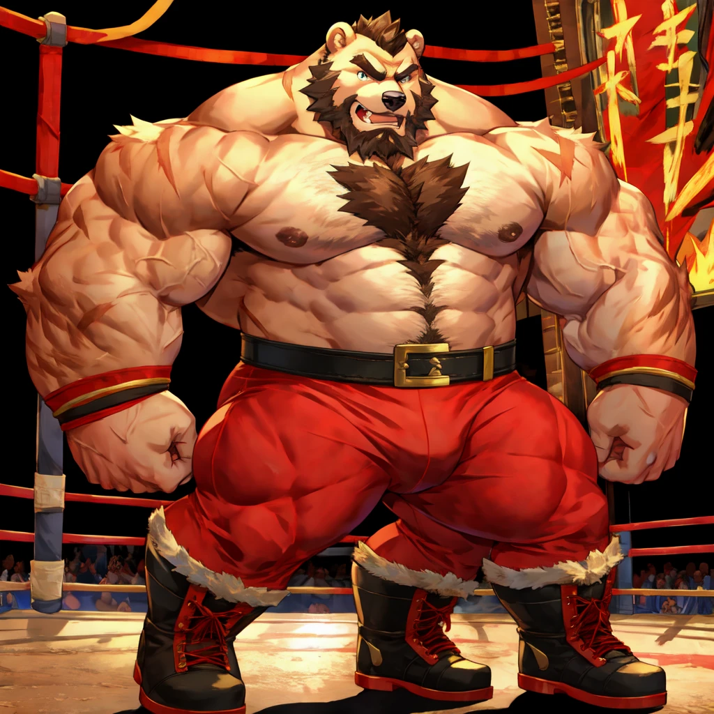 zangief,a bear with a beard and a golden belt, fighting game character, street fighter 5,muscled humanoid bear,heavy looking,buff bear,wrestler,Red short briefs,capcom,street fighter,shirtless,muscular male,chest hair,visually weighty,bearded bear, brown fur,mohawk hair,red and yellow wristband,Red Wrestling Boots ((best quality)), ((masterpiece)), (detailed), perfect face