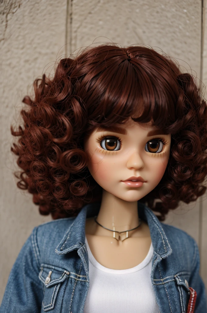 blythe doll con cabello curly, without fringe and with red tones, brown eyes with urban style clothes