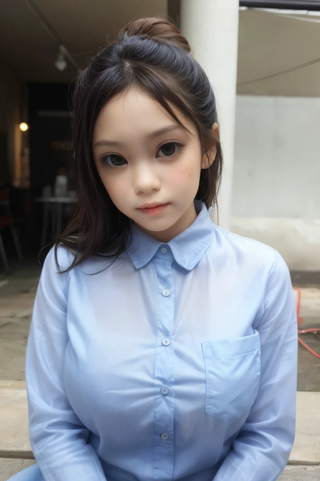 adorable, 1 girl, (face to face), , baby face, happy, half body portrait, (face details: 1), (eye details:1), ((big breasts)). wearing transparent transparency long shirt, .. Cute posed. proportional body. Ultra High Res. realistic: 1.4, UHD, poke a bun Hairstyle , lace 