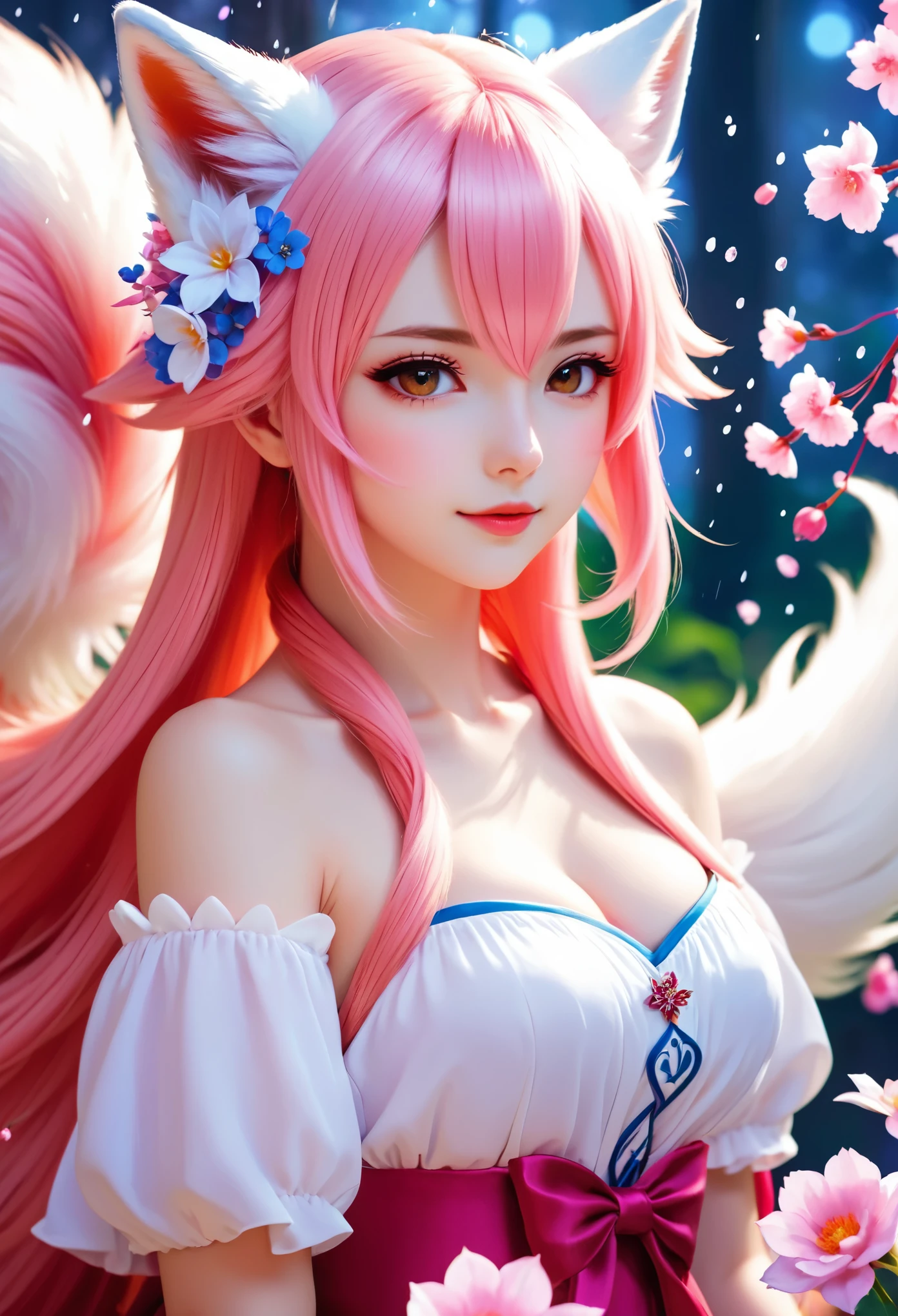 Nine snow-white fox tails (1.0), Milky white fox tail (1.0), Nine-tailed fox close-up, Nine Tails, Nine Tails, Pink Hair、Wearing a pink dress、Anime girl with flowers in her hair, very Beautiful anime fox girl, Beautiful anime fox girl, Beautiful fantasy anime, Gu Weiss, Anime girl with fox ears, Beautiful anime girl, Very beautiful and cute fox girl, Pink flower rain, Background blur, Anime style 4k, Anime Fantasy Artwork, 4k anime wallpaper, Guvez-style artwork