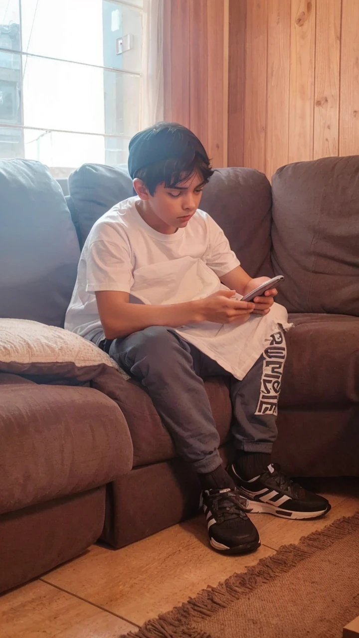 A black haired boy with white t shirt in a serious expression watching the cellphone, photo 4k realisitic. He is wearing a irish hat with a buckle on it