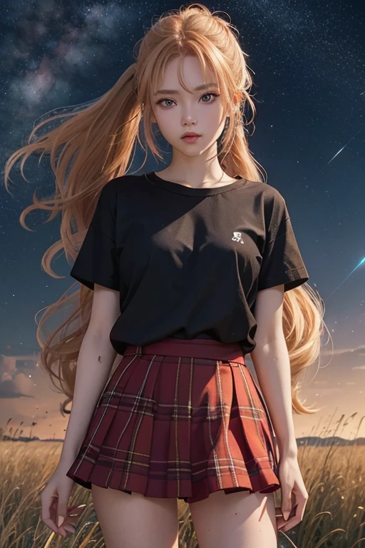 Red-blonde、poneyTail、verd s eyes、one good looking girl、solo、and souls、lightly dressed、Plaid miniskirt、a black T-shirt、grass field、fullmoon、Meteor swarm、Glittering starry sky、rainbow butterfly flying