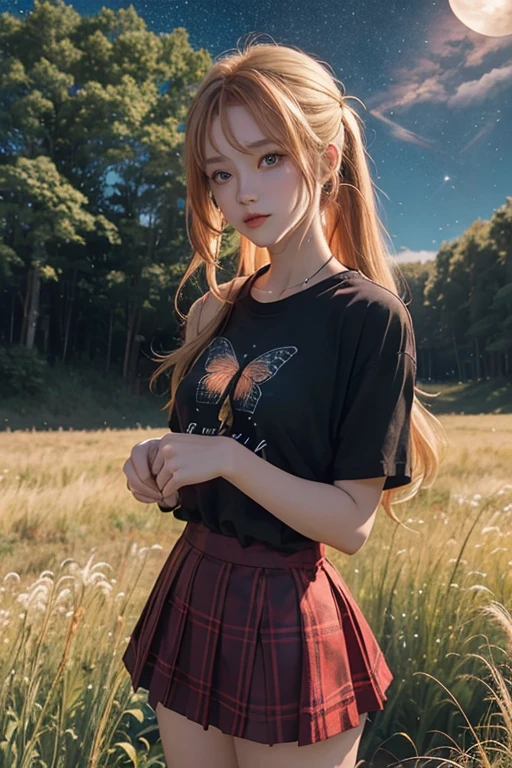 Red-blonde、poneyTail、verd s eyes、one good looking girl、solo、and souls、lightly dressed、Plaid miniskirt、a black T-shirt、grass field、fullmoon、Meteor swarm、Glittering starry sky、rainbow butterfly flying