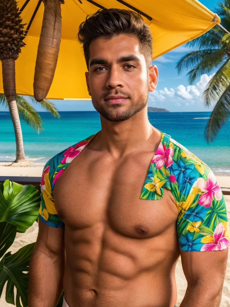 (best quality,4k,8k,highres,masterpiece:1.2),ultra-detailed,(realistic,photorealistic,photo-realistic:1.37),extremely detailed face and body, muscular shirtless man with tanned skin, handsome, chiseled jawline, piercing eyes, thick eyebrows, 5 o'clock shadow, short wavy dark hair, Hawaiian shirt, holding tropical cocktail, at lively Hawaiian themed party, colorful decorations, palm trees, beach in background, warm lighting, vibrant colors