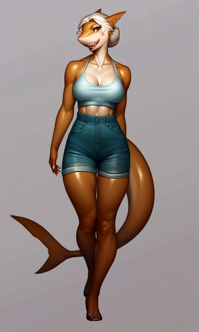 score_9, score_8_up,score_7_up,source_furry, source_ anime, human,anthro, 1girl, solo, beautiful_and_delicate, human, anthro, anthromorph, anthro-shark, anime_girl, glossy_skin, White_skin, shark_tail, sharp_teeth, Black_crop_top, blue_jean_shorts, water_theme, cowboy_shot, full body view