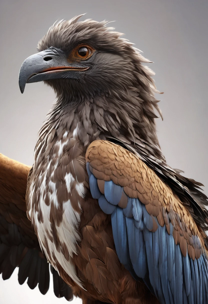 giant bird with brown feathers on the tips of the wings and white on the underside, wings with a large wingspan, medieval animal with the body of a bird and the snout of a mammal with sharp teeth (best quality, 4K, 8K, high resolution, art: 1, 2), ultra-detailed, (realistic, photorealistic, photorealistic: 1.37)