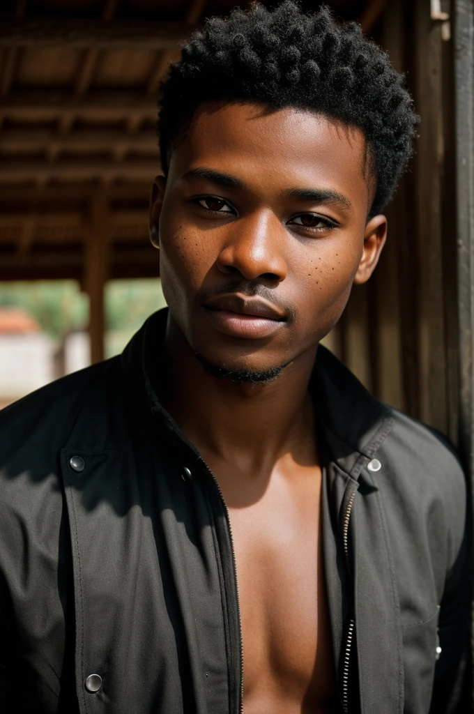 RAW photo of african young man, short black hair, hunter black eyes,(high detailed skin:1.2), 8k uhd, dslr, soft lighting, high quality, film grain, Fujifilm XT3, 