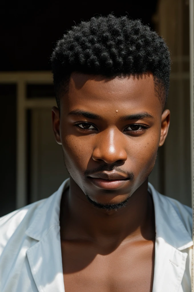 RAW photo of african young man, short black hair, hunter black eyes,(high detailed skin:1.2), 8k uhd, dslr, soft lighting, high quality, film grain, Fujifilm XT3, 