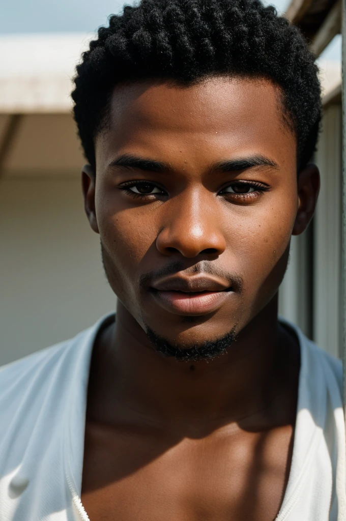 RAW photo of african young man, short black hair, hunter black eyes,(high detailed skin:1.2), 8k uhd, dslr, soft lighting, high quality, film grain, Fujifilm XT3, 