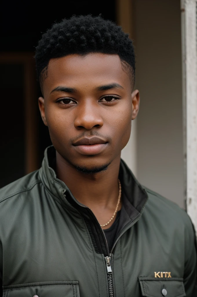 RAW photo of african young man, short black hair, hunter black eyes,(high detailed skin:1.2), 8k uhd, dslr, soft lighting, high quality, film grain, Fujifilm XT3, 