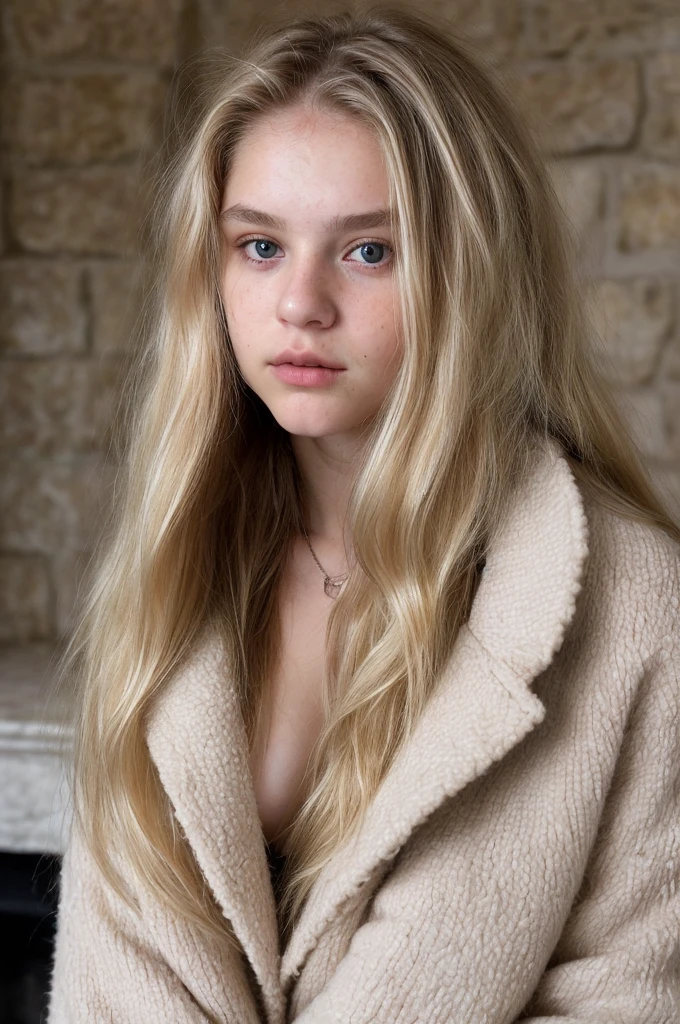 A 18-year-old blonde woman, ((hiperrealismo))textured skin,goosebumps, perfect eyes. Blonde hair with light brown roots. cabello rubio, Hair with brown roots, extra long hair, really long hair. photo taken with iPhone, cleavage, Porta 160 color. Having coffee next to the fireplace, wearing fluffy fluffy jacket