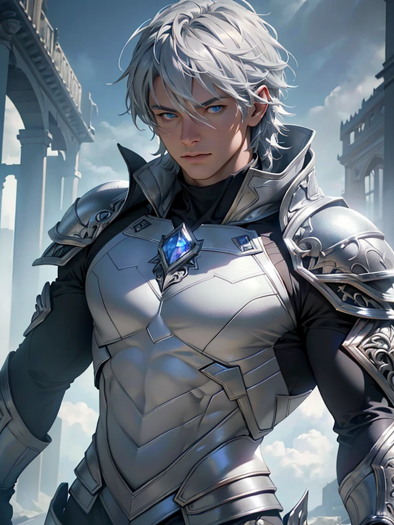 a highly detailed and realistic portrait of a young boy with short silver-gray hair, striking blue eyes, wearing a white armor suit and a cape, with muscular physique, surrounded by clouds and scales, (best quality,4k,8k,highres,masterpiece:1.2),ultra-detailed,(realistic,photorealistic,photo-realistic:1.37),hyperrealistic,studio lighting,extremely detailed face and eyes,extremely detailed skin,intricate details,award-winning photography,dramatic lighting,cinematic composition,volumetric lighting,depth of field,3d render,unreal engine,highly detailed armor,flowing cape,muscular physique,short silver-gray hair,piercing blue eyes,dramatic clouds,intricate scales, full body