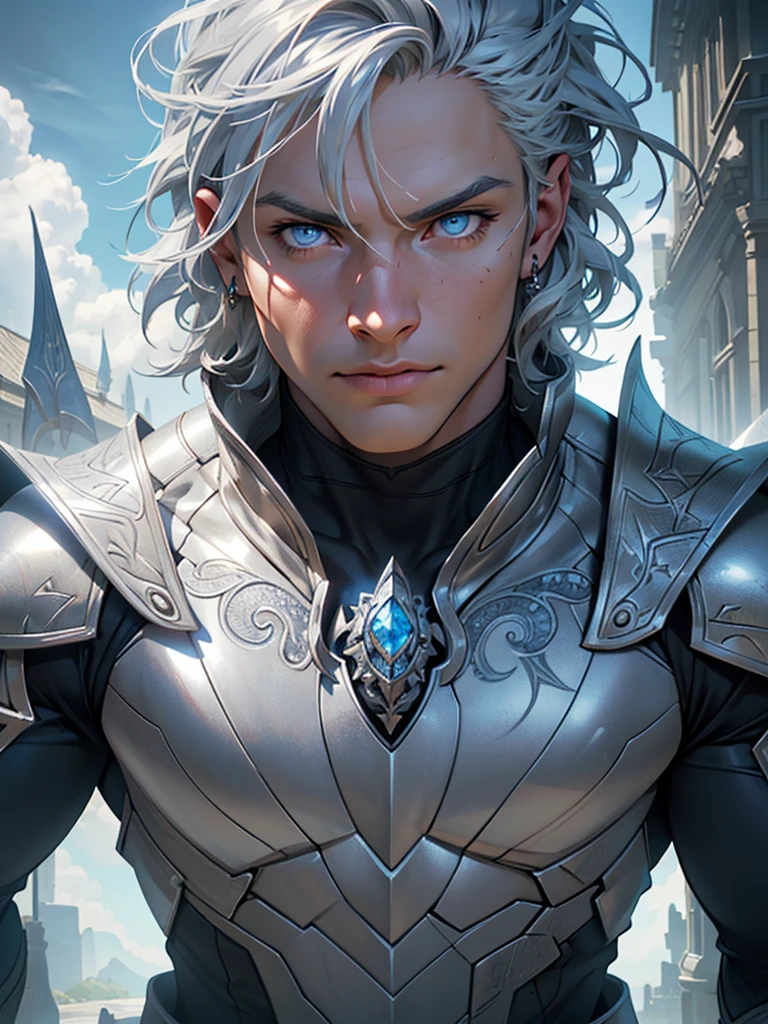 a highly detailed and realistic portrait of a young boy with short silver-gray hair, striking blue eyes, wearing a white armor suit and a cape, with muscular physique, surrounded by clouds and scales, (best quality,4k,8k,highres,masterpiece:1.2),ultra-detailed,(realistic,photorealistic,photo-realistic:1.37),hyperrealistic,studio lighting,extremely detailed face and eyes,extremely detailed skin,intricate details,award-winning photography,dramatic lighting,cinematic composition,volumetric lighting,depth of field,3d render,unreal engine,highly detailed armor,flowing cape,muscular physique,short silver-gray hair,piercing blue eyes,dramatic clouds,intricate scales, full body