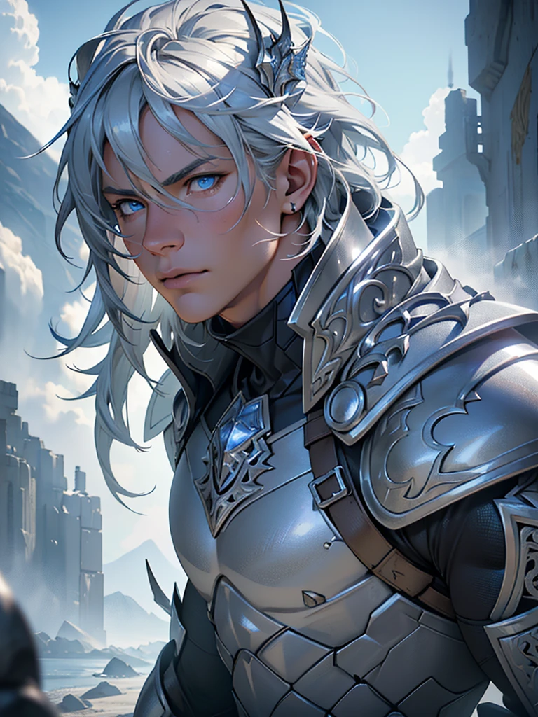 a highly detailed and realistic portrait of a young boy with short silver-gray hair, striking blue eyes, wearing a white armor suit and a cape, with muscular physique, surrounded by clouds and scales, (best quality,4k,8k,highres,masterpiece:1.2),ultra-detailed,(realistic,photorealistic,photo-realistic:1.37),hyperrealistic,studio lighting,extremely detailed face and eyes,extremely detailed skin,intricate details,award-winning photography,dramatic lighting,cinematic composition,volumetric lighting,depth of field,3d render,unreal engine,highly detailed armor,flowing cape,muscular physique,short silver-gray hair,piercing blue eyes,dramatic clouds,intricate scales, full body
