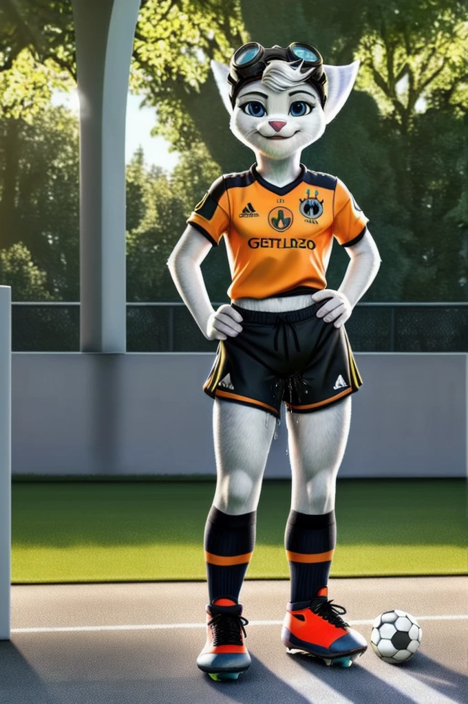 Rivet, tail, furry girl, 1girl, solo, young, (((Germany soccer shorts))), (((Germany soccer shirt))), (((Germany soccer shoes))), standing inside city park, detailed body fur, detailed body, detailed eyes, detailed face, athletic, skinny, high quality, masterpiece, small breasts, goggles, :D, looking at you, full body, ((good lighting on crotch)), (aroused), (horny), (bedroom eyes), ((vaginal juice dripping from crotch))
