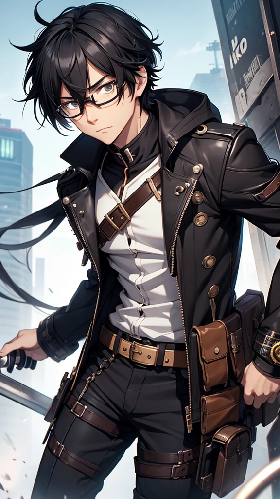 Bblack hair, アニメ, white male, medium height, wears steampunk rivet glasses, neither thin nor fat, adventurer's clothes with blue details, black scalp, black eye, 19yearsold, sem beard