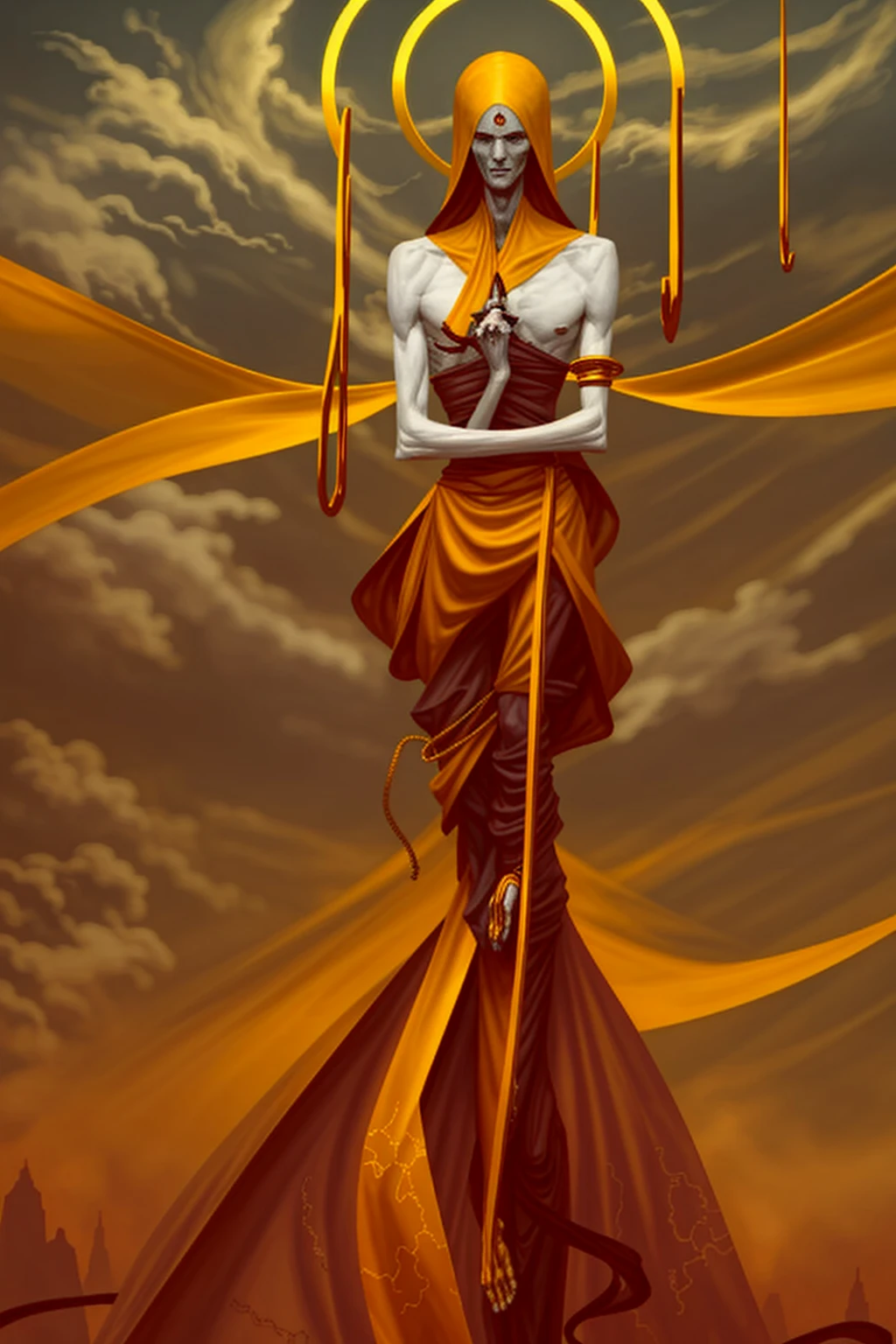 a tall menacing figure, wide shoulders, frail body, gaunt, body is withering/decaying, covered head to toe in a tattered yellow cloak, yellow cloak covering whole body except forearms, tattered yellow hood over the head, scrappy yellow veil covering entire face, face completely (concealed), can't see face, old yellow stained bandage wraps loosely cover arms, many golden bangles all over both forearms, covered in golden jewelry, old decrepit hands, hands hovering just over the naval, hands are steepling together, a giant golden sunset behind them,