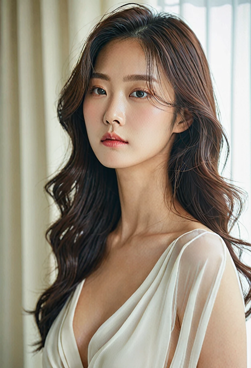 korean woman,full body (natural light),Wavy hair, forehead, Bust 30,(dark brown eyes),(from the side), (eyes slanted down),frown, (bikini set),(dynamic positioning) (Sheer curtains, bright room)