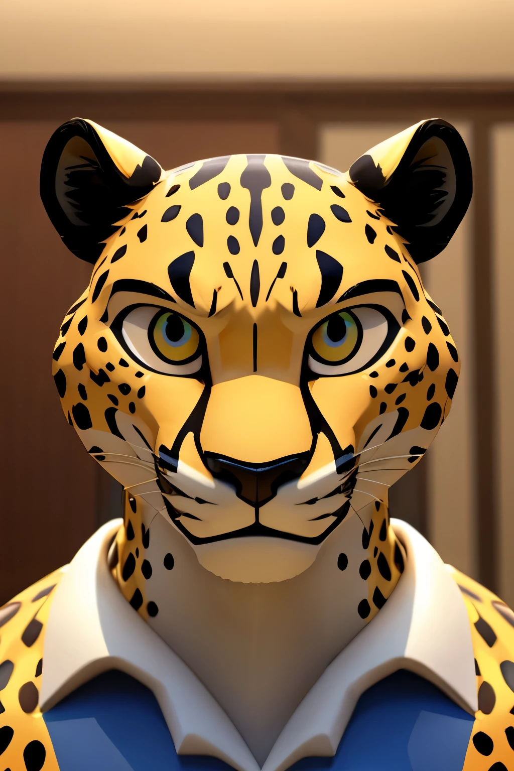 Two-dimensional male cheetah (((three-dimensional view)) cartoon with confidence in the face, NFT art style