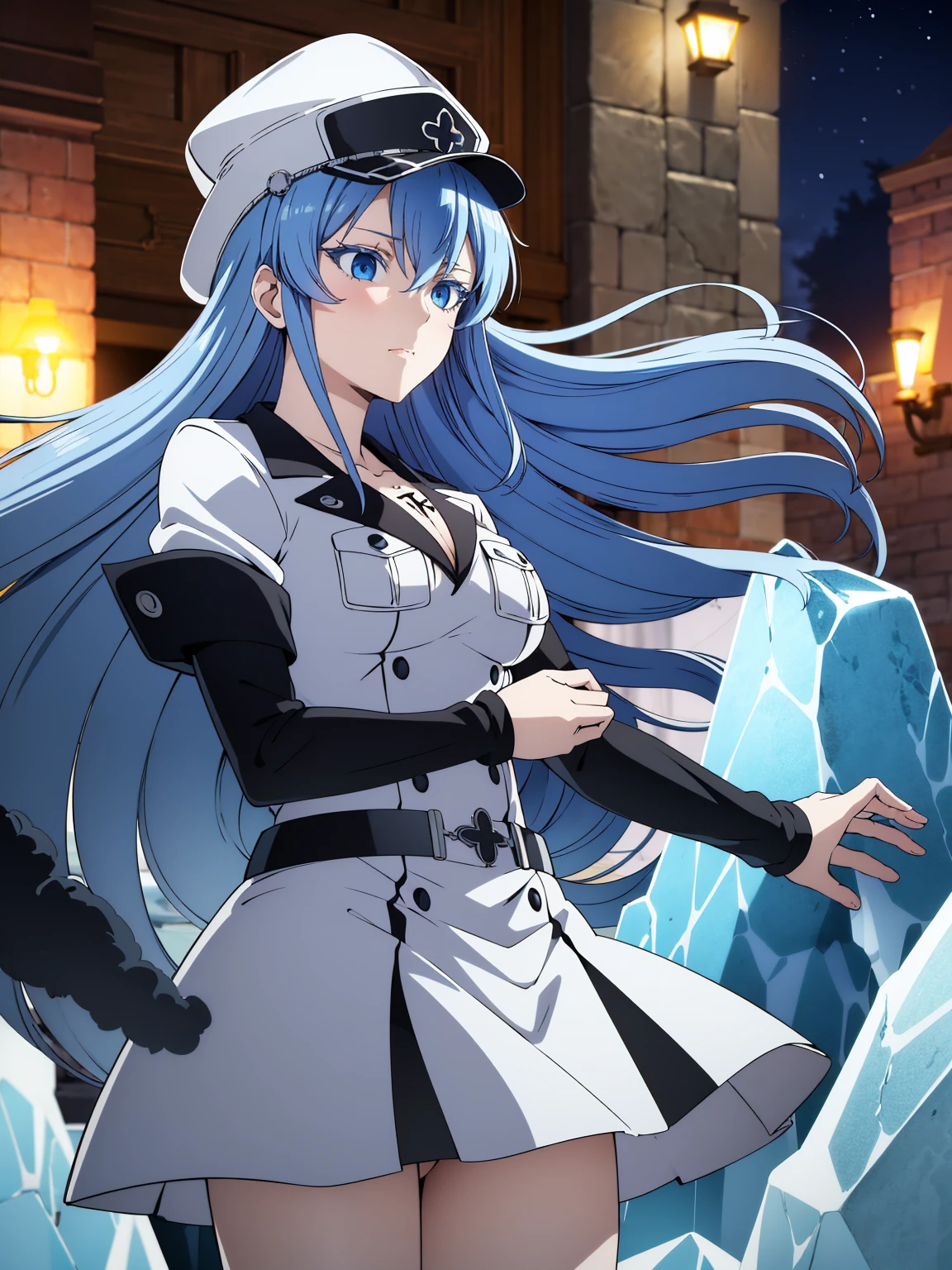 (artwork, best quality) a girl with long blue hair, blue eyes, blue eyelashes, white sailor suit with captain's hat, big breasts, perfect body, pretty eyes, good waist, tattoo, annoying, blowing cold steam, on an ice wall, ice spikes behind, at night